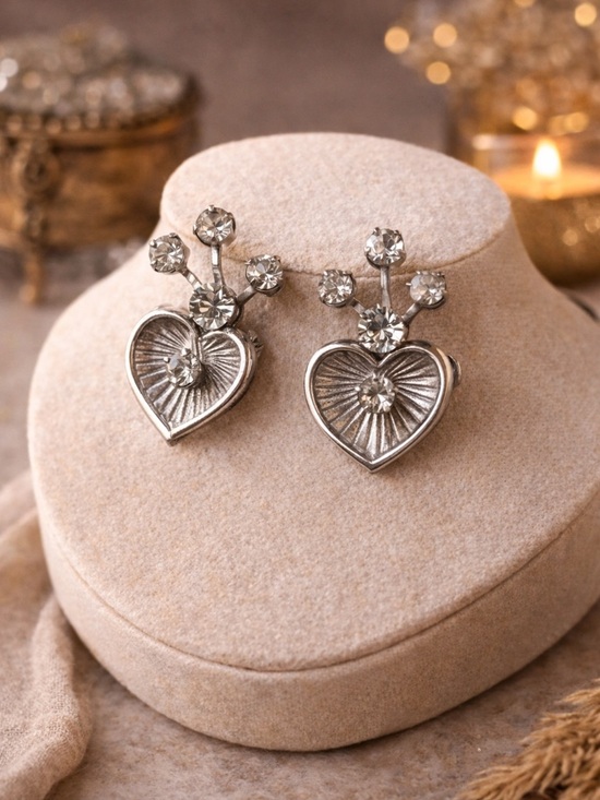 Bugbee & Niles Jewelry - Vintage Bugbee & Niles Rhinestone Heart Earrings | 1960s Ice Crystal Screw Back